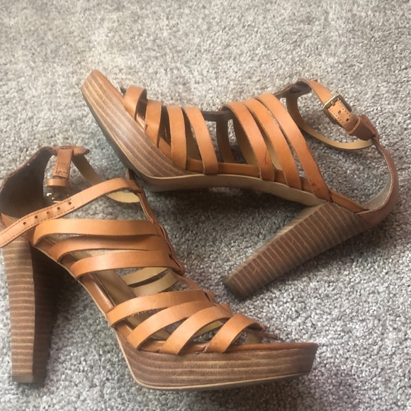 Franco Sarto leather multi strap heel wood block 4” shoes Bauble Dijon 8 - Picture 2 of 8